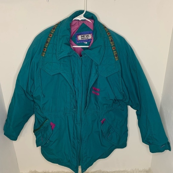 Vintage 80s Retro New Image Women's Large Teal & Purple Nylon Oversized Coat - Picture 4 of 12